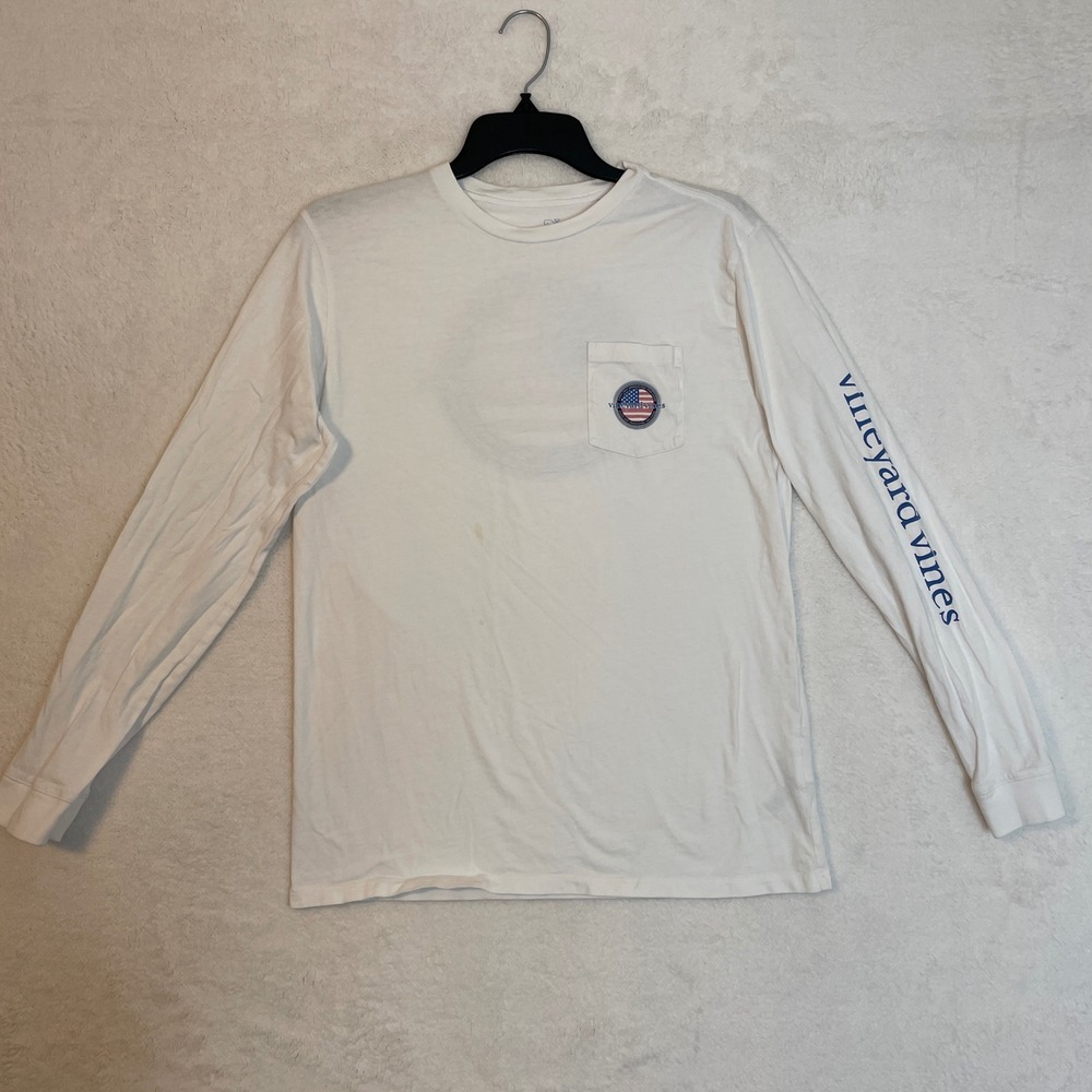 Vineyard Vines Youth XL Long Sleeve T Shirt Pocket Flag Graphic Tee White